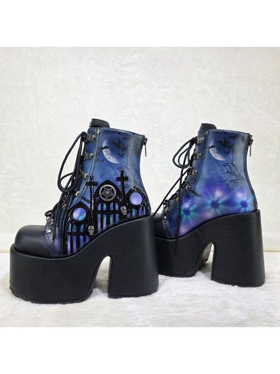 Demonia Shoes - NIB NEW Camel 203 Moonlit Graveyard Print Charms Platform Goth Punk Ankle Boots